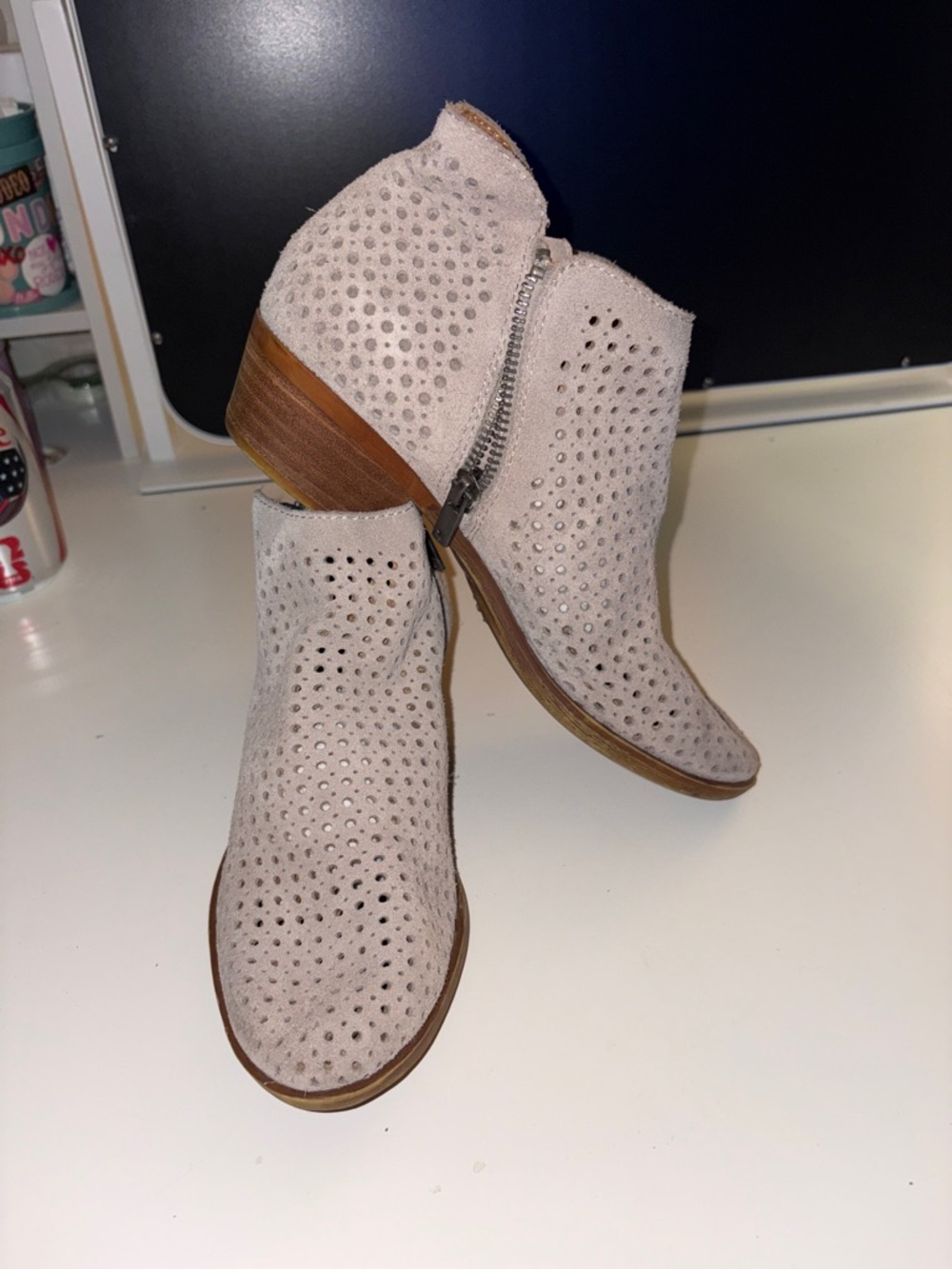 Lucky Brand Perforated Suede Ankle Booties - Light Beige